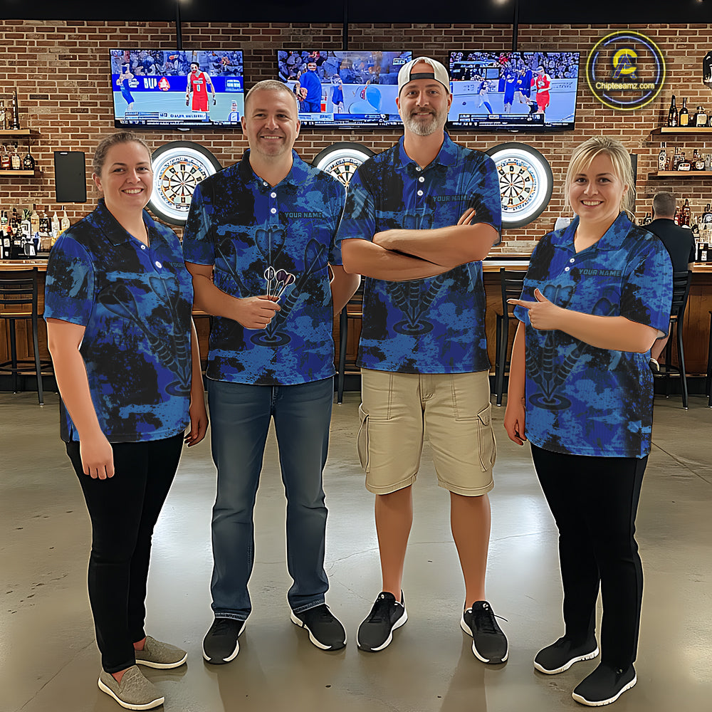 Custom Grunge Blue Camo Arrow Darts Shirts For Men, Retro Darts Jersey Team Polo & 1/4 Zip TDM5664