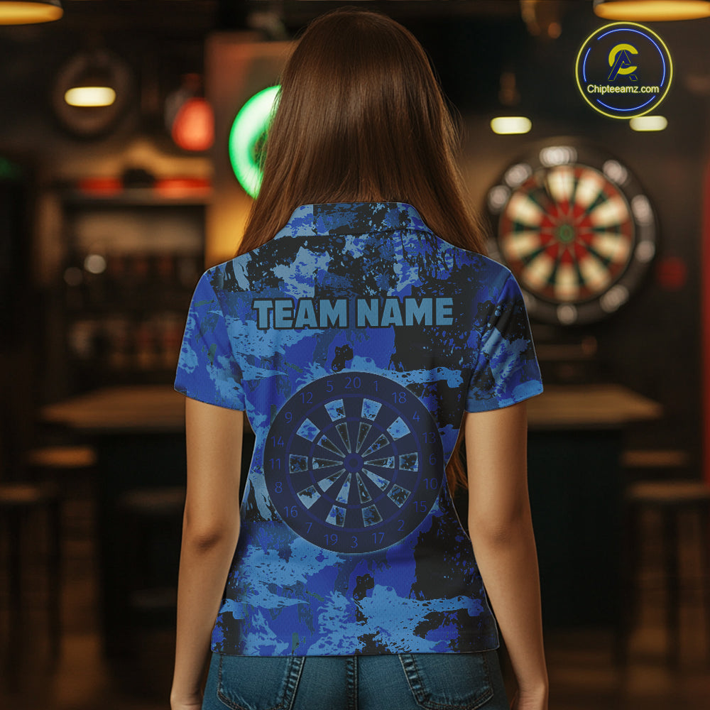 Custom Grunge Blue Camo Arrow Darts Shirts For Women, Retro Darts Jersey Team Polo & 1/4 Zip TDM5664