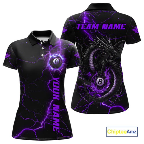 Black And Purple 8 Ball Thunder Lightning Custom Dragon Women's Billiard Shirt, Billiard Team Jersey TDM4349