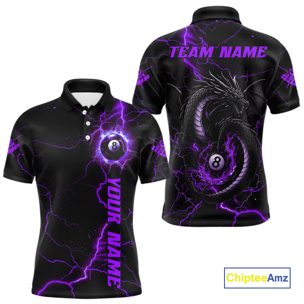 Black And Purple 8 Ball Thunder Lightning Custom Dragon Men's Billiard Shirt, Billiard Team Jersey TDM4349