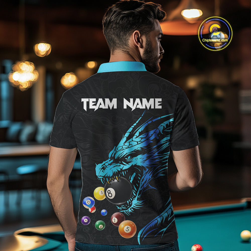 Personalized Black And Blue Dragon Billiard Balls Pool Shirts For Men, Billiard League Team Jersey TDM3852
