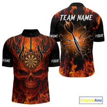 Load image into Gallery viewer, Orange Flaming Skull Men&#39;s Dart Jerseys Custom Dart Fire Lightning Darts Team Shirt Polo &amp; 1/4 Zip TDM3856