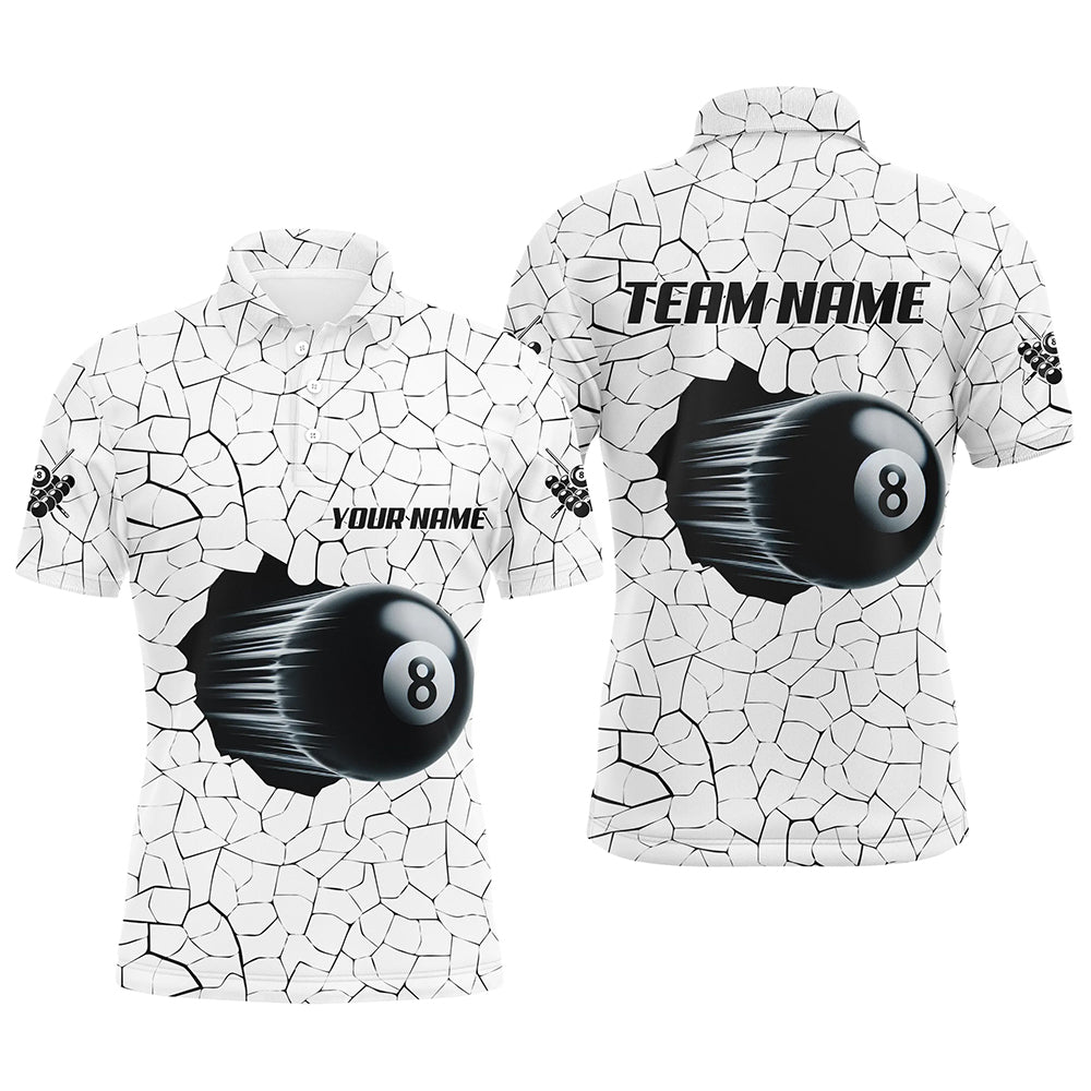 8 Ball Pool White Crack Pattern Personalized Men Billiard Polo Shirt, Funny Billiard Shirts TDM1076