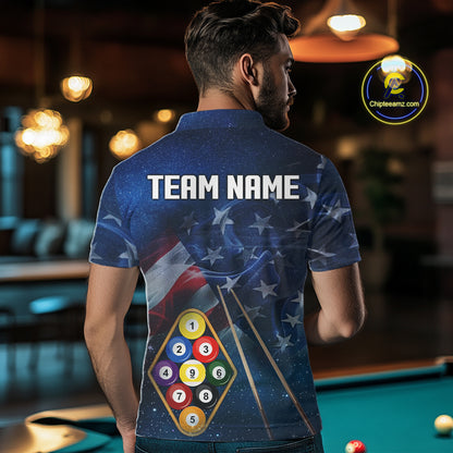 American Flag Blue Galaxy Billiard Shirt For Men Custom 9 Ball Pool Team Jersey Polo & 1/4 Zip TDM5886