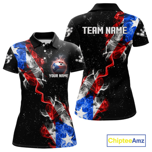 Personalize Puerto Rico Flag Smoke Bowling Shirt For Women Custom Patriotic Bowling Team Jersey TDM6022
