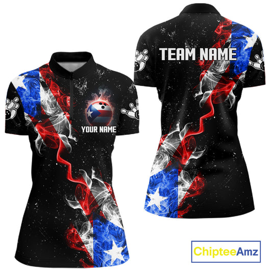 Personalize Puerto Rico Flag Smoke Bowling Shirt For Women Custom Patriotic Bowling Team Jersey TDM6022