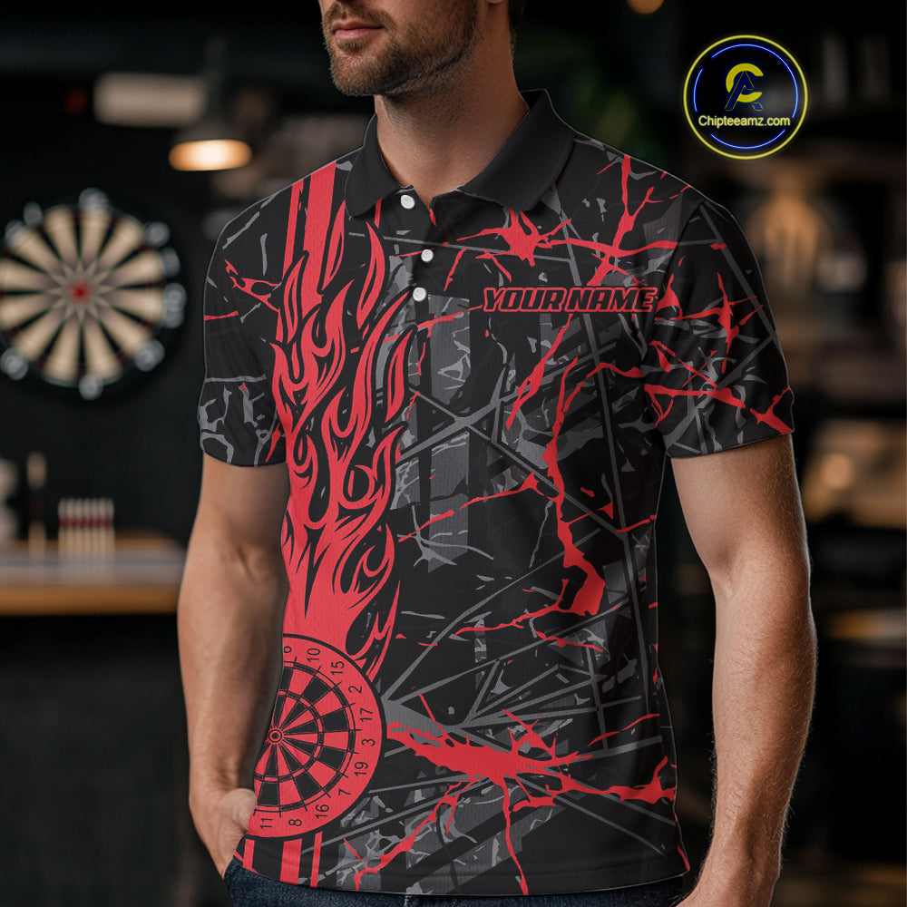 Red Grunge Dart Jerseys For Men, Fire Flame Dart Board Custom Name Dragon Darts League Shirts TDM3857