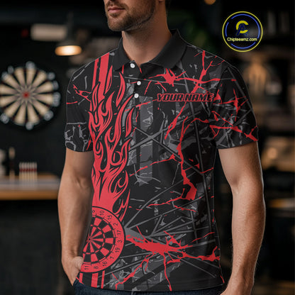 Red Grunge Dart Jerseys For Men, Fire Flame Dart Board Custom Name Dragon Darts League Shirts TDM3857