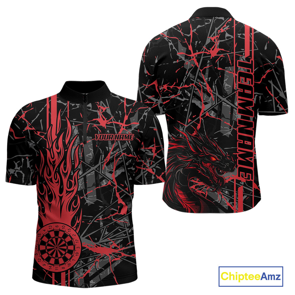 Red Grunge Dart Jerseys For Men, Fire Flame Dart Board Custom Name Dragon Darts League Shirts TDM3857