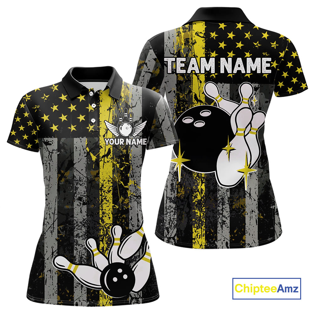 Yellow Grunge American Flag Patriotic Bowling Shirts For Women Custom Bowling Jersey Polo & 1/4 Zip TDM6288