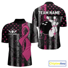 Load image into Gallery viewer, Custom Pink Ribbon Grunge American Flag Bowling Shirt For Men, Breast Cancer Bowling Team Jersey TDM6289