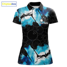 Load image into Gallery viewer, Dreamy blue bowling polo shirt for women with custom bowling team graphics.