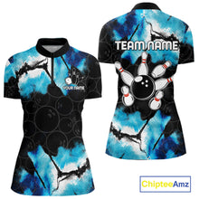 Load image into Gallery viewer, Dreamy blue bowling quarter zip shirt for women designed for league tournaments and team events.
