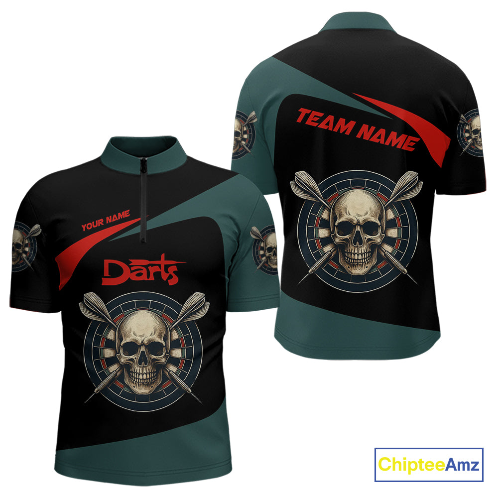 Grunge Skull And Dartboard Custom Quarter-zip Darts Shirt For Men - Darts Team Jersey NYN0700