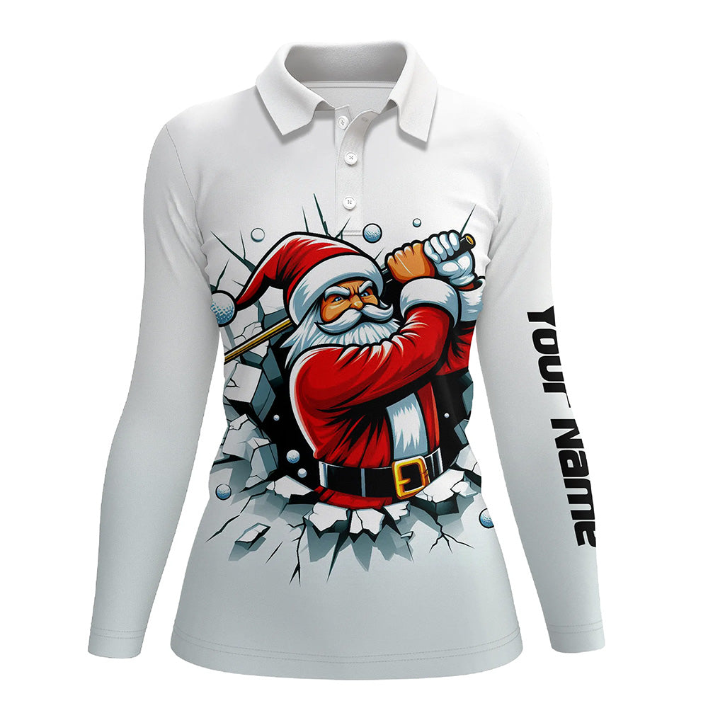 Funny White Crack Wall Women Golf Polo Shirts Custom Santa Playing Golf Outfit Christmas Golfing Gift TDM3177