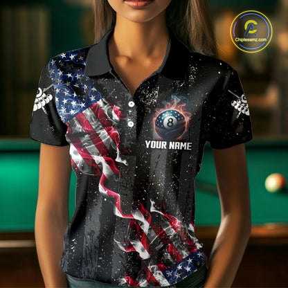 Custom US Flag Smoke 8 Ball Pool Billiard Shirt For Women, 3D Patriotic Billiard Team Jersey TDM5692