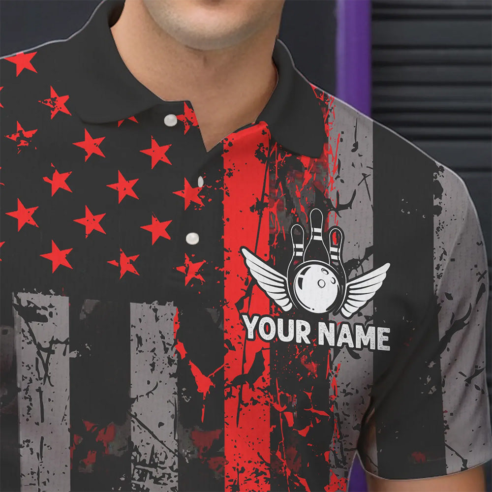 Red And Black Grunge American Flag Patriotic Bowling Shirts For Men Custom Bowling Team Jerseys TDM3696