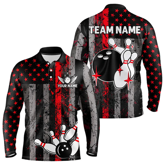Red And Black Grunge American Flag Patriotic Bowling Shirts For Men Custom Bowling Team Jerseys TDM3696