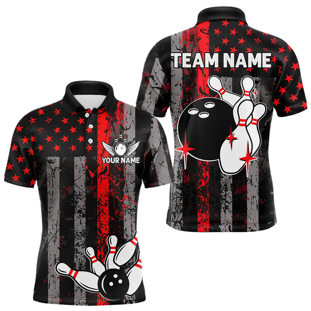 Red And Black Grunge American Flag Patriotic Bowling Shirts For Men Custom Bowling Team Jerseys TDM3696