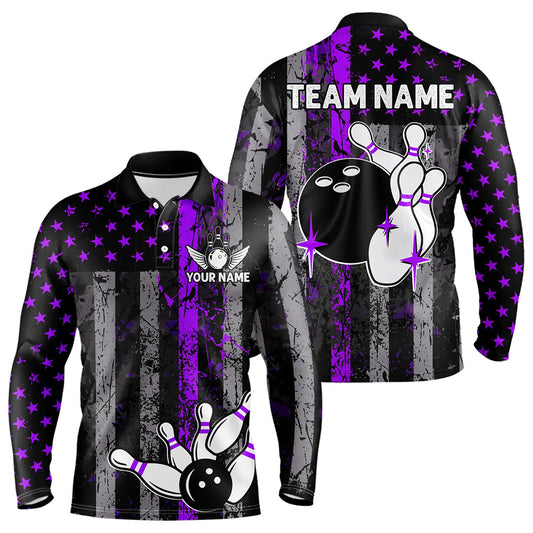Purple And Black Grunge American Flag Patriotic Bowling Shirts For Men Custom Bowling Team Jerseys TDM3697