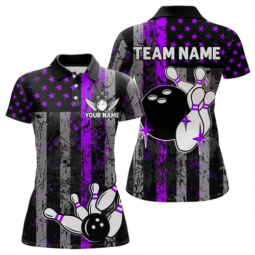 Purple And Black Grunge American Flag Patriotic Bowling Shirts For Women Custom Bowling Team Jerseys TDM3697