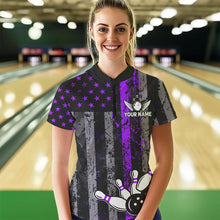 Load image into Gallery viewer, Purple And Black Grunge American Flag Patriotic Bowling Shirts For Women Custom Bowling Team Jerseys TDM3697