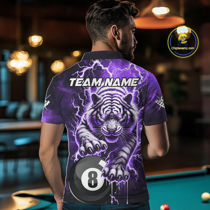 Purple 8 Ball Thunder Lightning Tiger Billiard Shirt For Men Custom Pool Team Jersey Polo, 1/4 Zip TDM6038