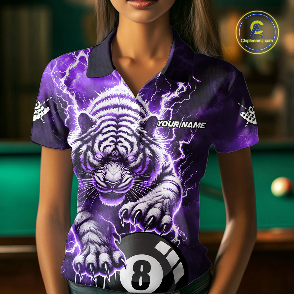 Purple 8 Ball Thunder Lightning Tiger Billiard Shirt For Women Custom Pool Team Jersey Polo, 1/4 Zip TDM6038
