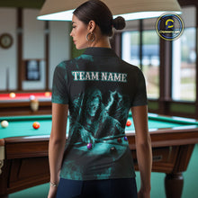 Load image into Gallery viewer, Personalized Turquoise Smoke Skull Billiard Shirts For Women Custom Death Skeleton Billiard Jerseys TDM3871