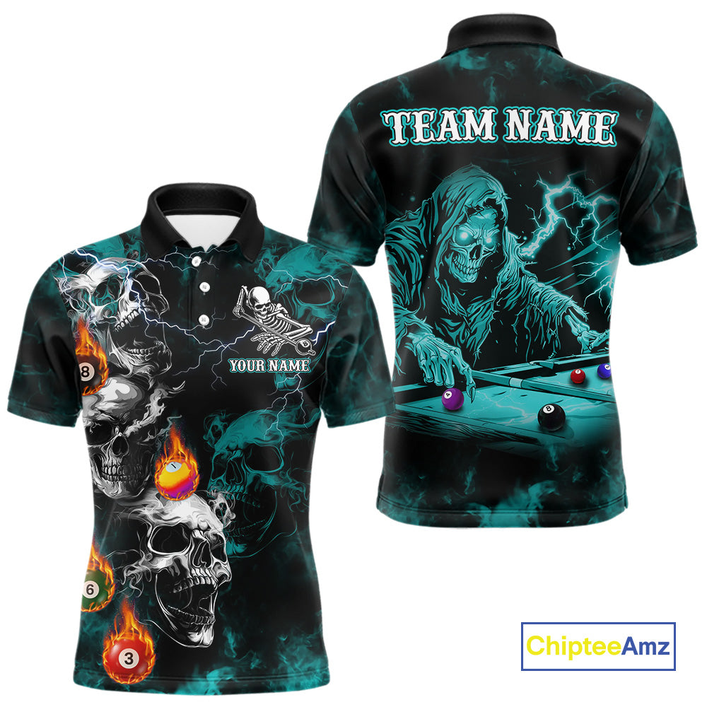 Personalized Turquoise Smoke Skull Billiard Shirts For Men Custom Death Skeleton Billiard Jerseys TDM3871