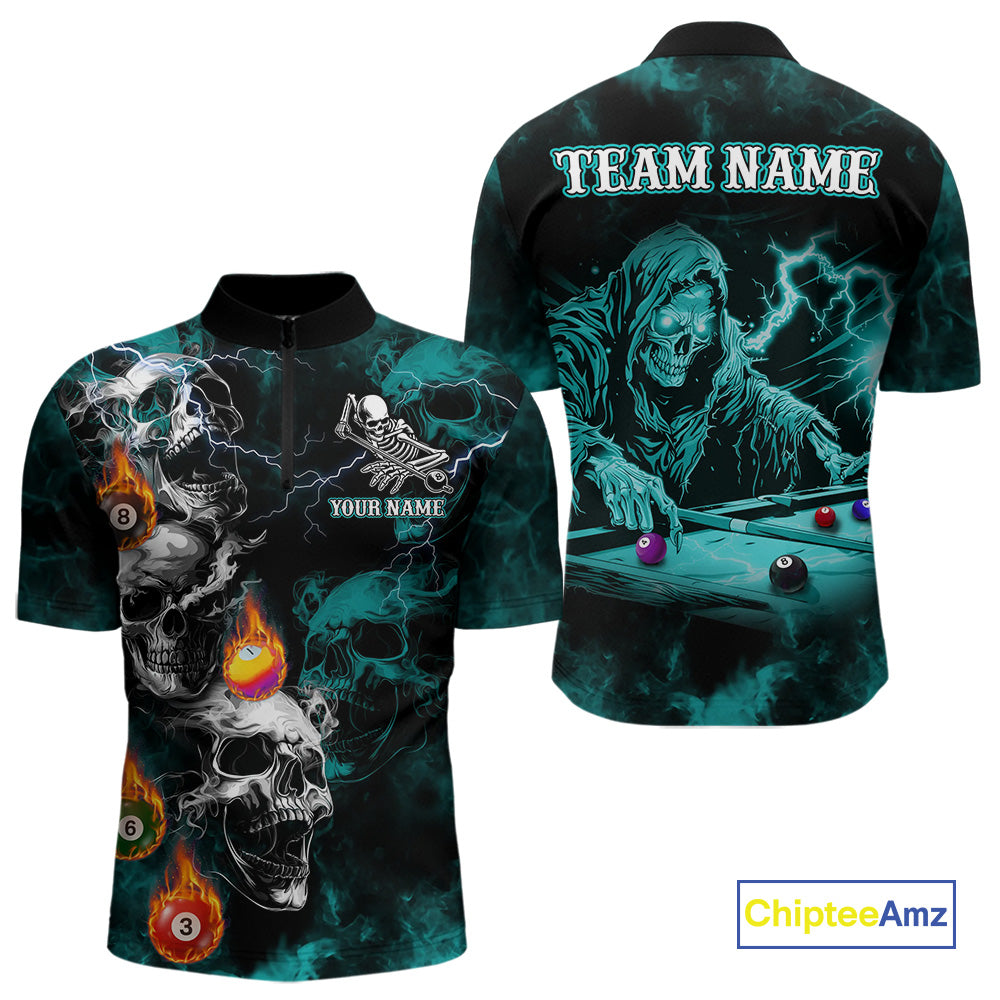 Personalized Turquoise Smoke Skull Billiard Shirts For Men Custom Grim Reaper Billiard Jerseys TDM3871