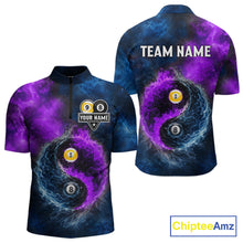 Load image into Gallery viewer, Custom Blue Purple Water Fire Billiard Shirt For Men, 8 Ball &amp; 9 Ball Pool Jersey Polo &amp; 1/4 Zip TDM6298
