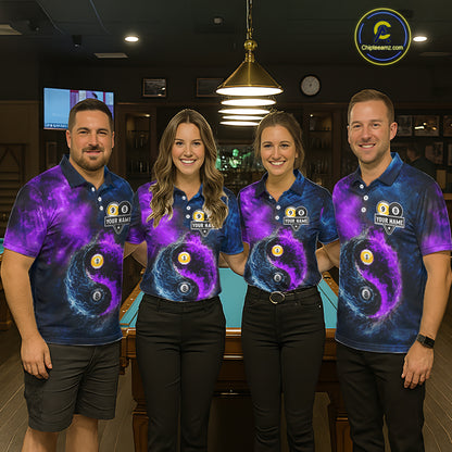 Custom Blue Purple Water Fire Billiard Shirt For Women, 8 Ball & 9 Ball Pool Jersey Polo & 1/4 Zip TDM6298