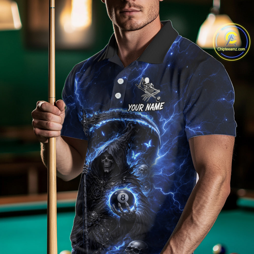 Blue 8 Ball Pool Grim Reaper Billiard Shirt For Men Custom Billiard Team Jersey Polo & 1/4 Zip TDM6300
