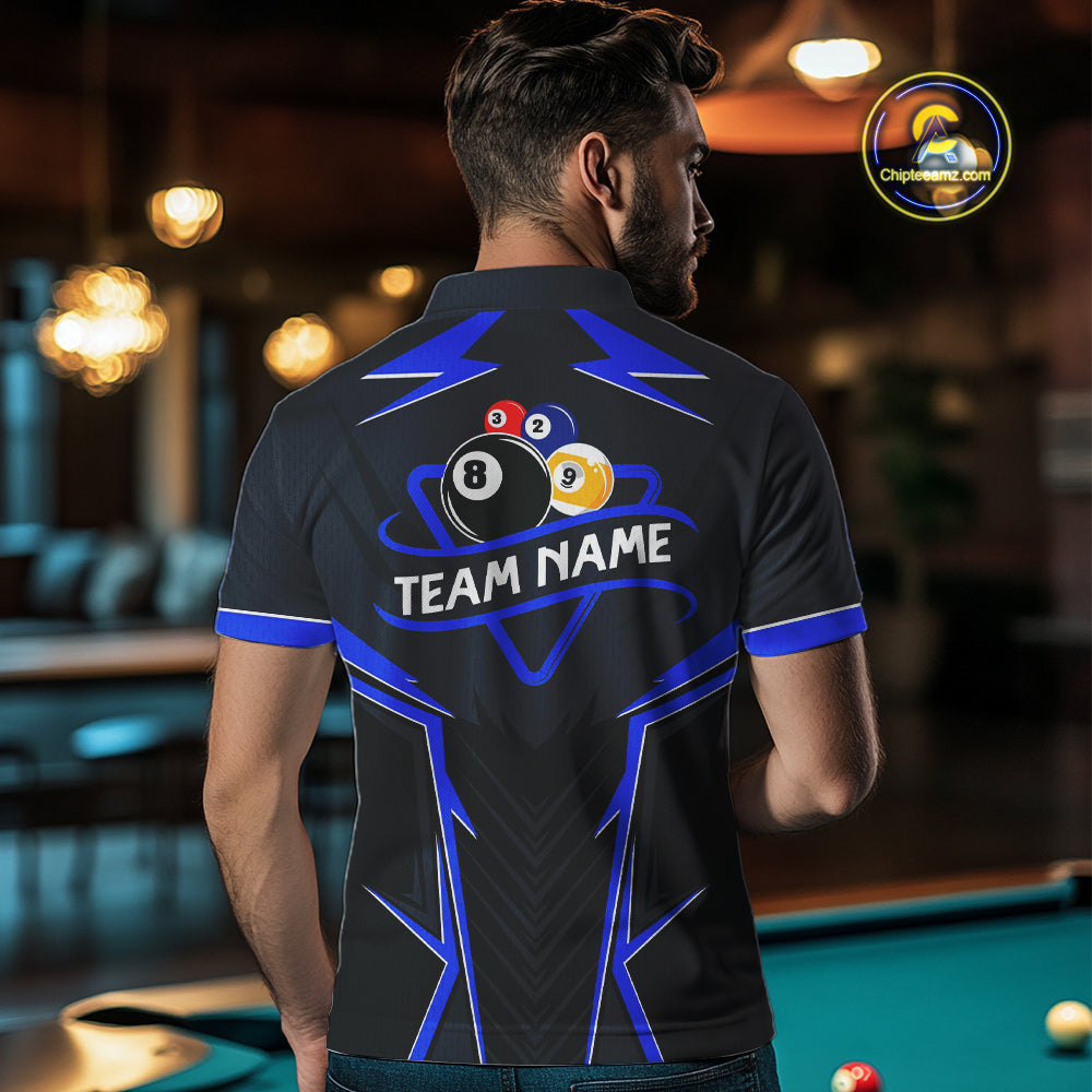 Billiard Jersey For Men Custom Polo & 1/4 Zip Billiard Team Shirt, 8 Ball & 9 Ball Pool Shirt|Blue TDM4329