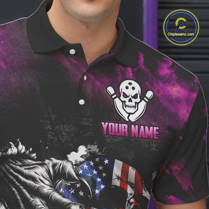 Pink Flaming American Flag Skull Bowling Shirt For Men Custom Fire Bowling Team Jersey TDM4751
