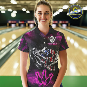 Pink Flaming American Flag Skull Bowling Shirt For Women Custom Fire Bowling Team Jersey TDM4751
