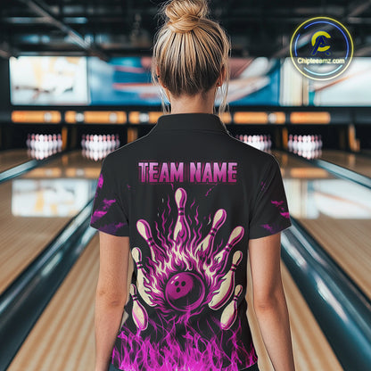 Pink Flaming American Flag Skull Bowling Shirt For Women Custom Fire Bowling Team Jersey TDM4751