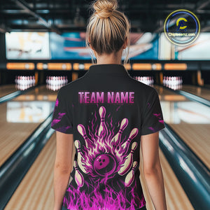Pink Flaming American Flag Skull Bowling Shirt For Women Custom Fire Bowling Team Jersey TDM4751