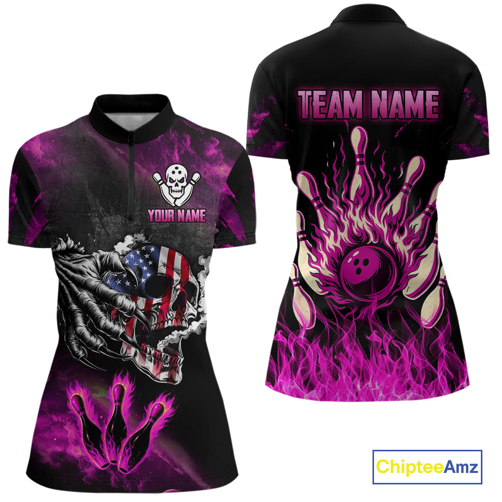 Pink Flaming American Flag Skull Bowling Shirt For Women Custom Fire Bowling Team Jersey TDM4751