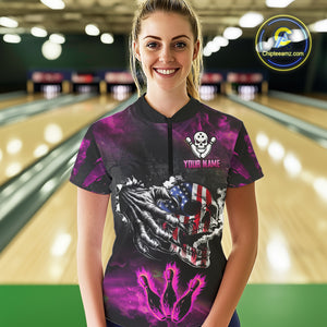 Pink Flaming American Flag Skull Bowling Shirt For Women Custom Fire Bowling Team Jersey TDM4751