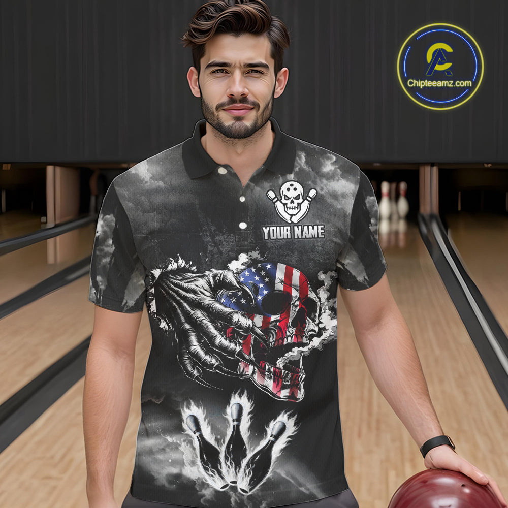 Black And White Flaming American Flag Skull Bowling Shirt For Men Custom Fire Bowling Team Jersey TDM4752