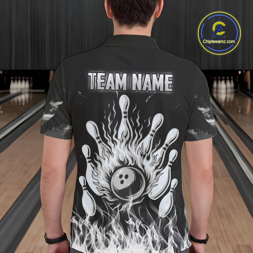 Black And White Flaming American Flag Skull Bowling Shirt For Men Custom Fire Bowling Team Jersey TDM4752