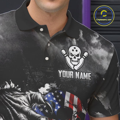 Black And White Flaming American Flag Skull Bowling Shirt For Men Custom Fire Bowling Team Jersey TDM4752