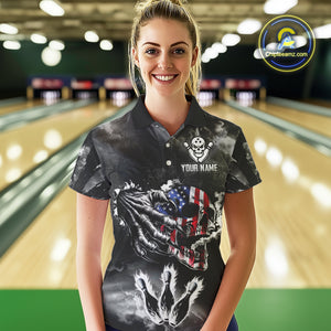 Black And White Flaming American Flag Skull Bowling Shirt For Women Custom Fire Bowling Team Jersey TDM4752