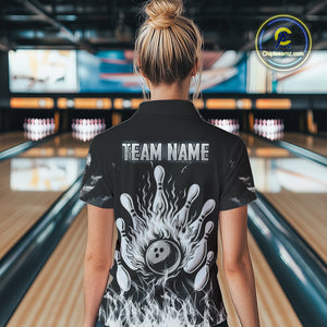 Black And White Flaming American Flag Skull Bowling Shirt For Women Custom Fire Bowling Team Jersey TDM4752