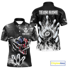 Load image into Gallery viewer, Black And White Flaming American Flag Skull Bowling Shirt For Men Custom Fire Bowling Team Jersey TDM4752