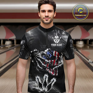 Black And White Flaming American Flag Skull Bowling Shirt For Men Custom Fire Bowling Team Jersey TDM4752