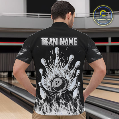 Black And White Flaming American Flag Skull Bowling Shirt For Men Custom Fire Bowling Team Jersey TDM4752