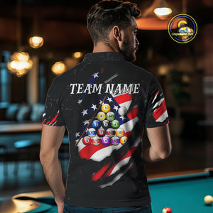 Personalized Black Grunge American Flag Billiard Shirt For Men Custom Patriotic 8 Ball Pool Jersey TDM4757